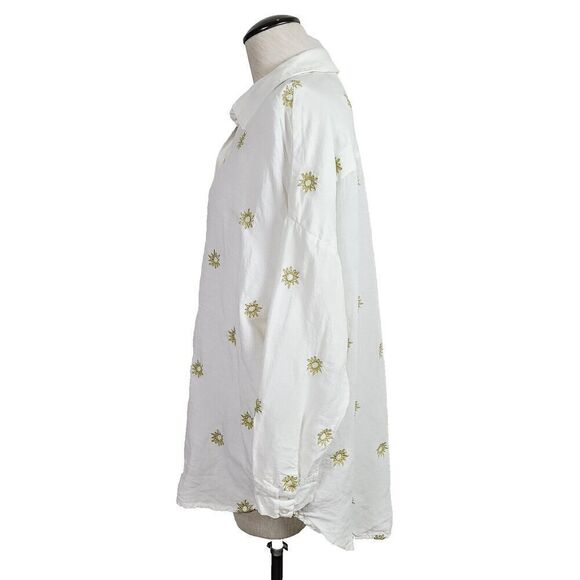 Anthropologie Top XS White Gold Linen Blend Embroidered Sun/Star Oversized Shirt - Picture 3 of 9